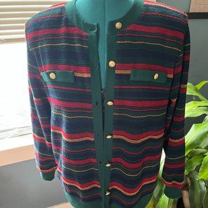 80s Alfred Dunner Polyester Red Yellow Green Black Striped Cardigan Lrg
